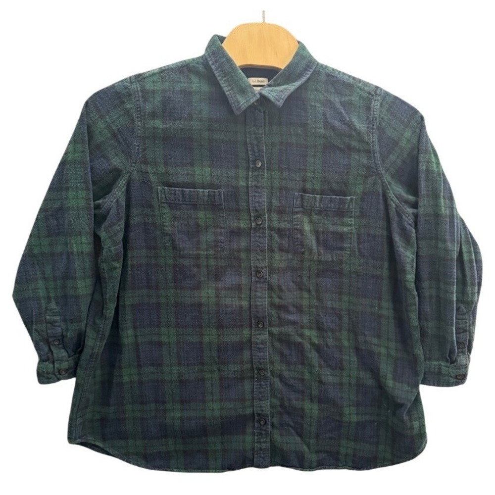 LL Bean Flannel Shirt Womens 3X Plus Green Blue Plaid Cotton Relaxed Fit 512693